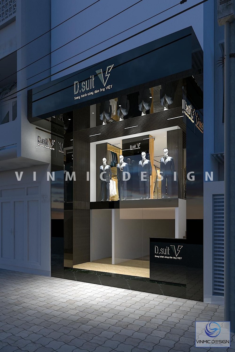 Thiết kế biển cửa hàng sang trọng với tone màu đen nhằm nổi bật tên thương hiệu tại cửa hàng Vest D.Suit Hà Nội