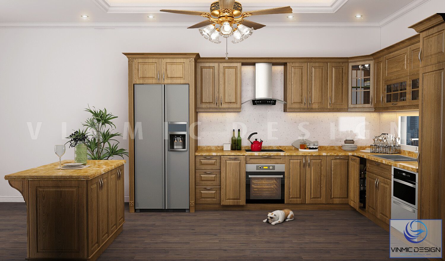 Tủ bếp được thiết kề bằng chất liệu Sồi Nga