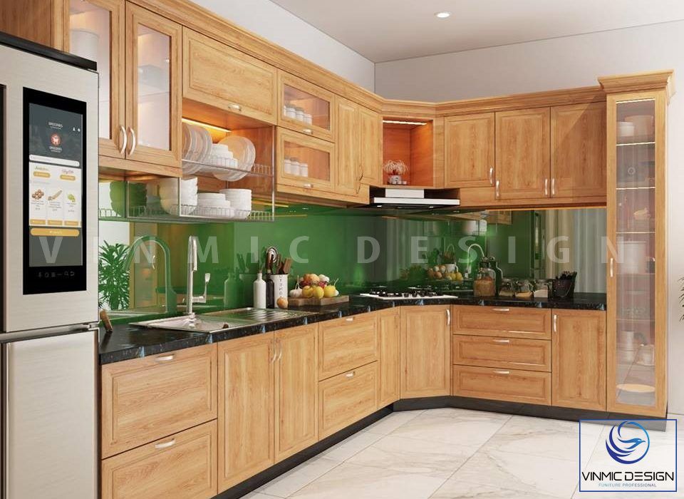 Thi công tủ bếp tân cổ với gỗ Sồi tự nhiên