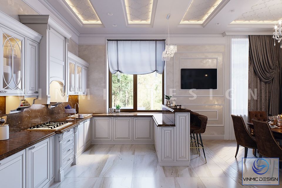 Thiết kế tủ bếp với chất liệu gỗ Sồi tự nhiên sơn trắng