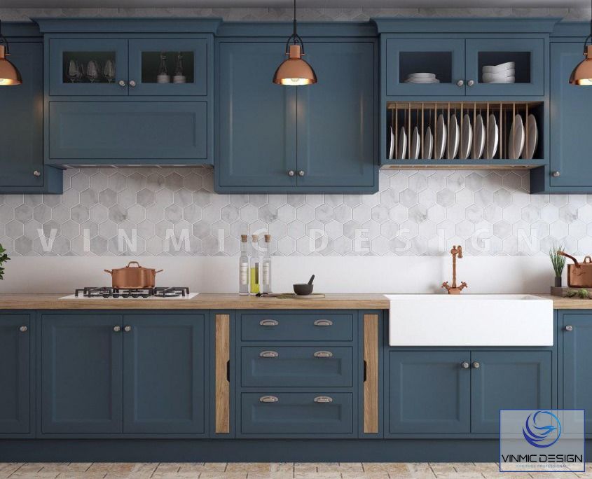 Màu xanh của Sơn Inchem làm cho tủ bếp có điểm nhấn