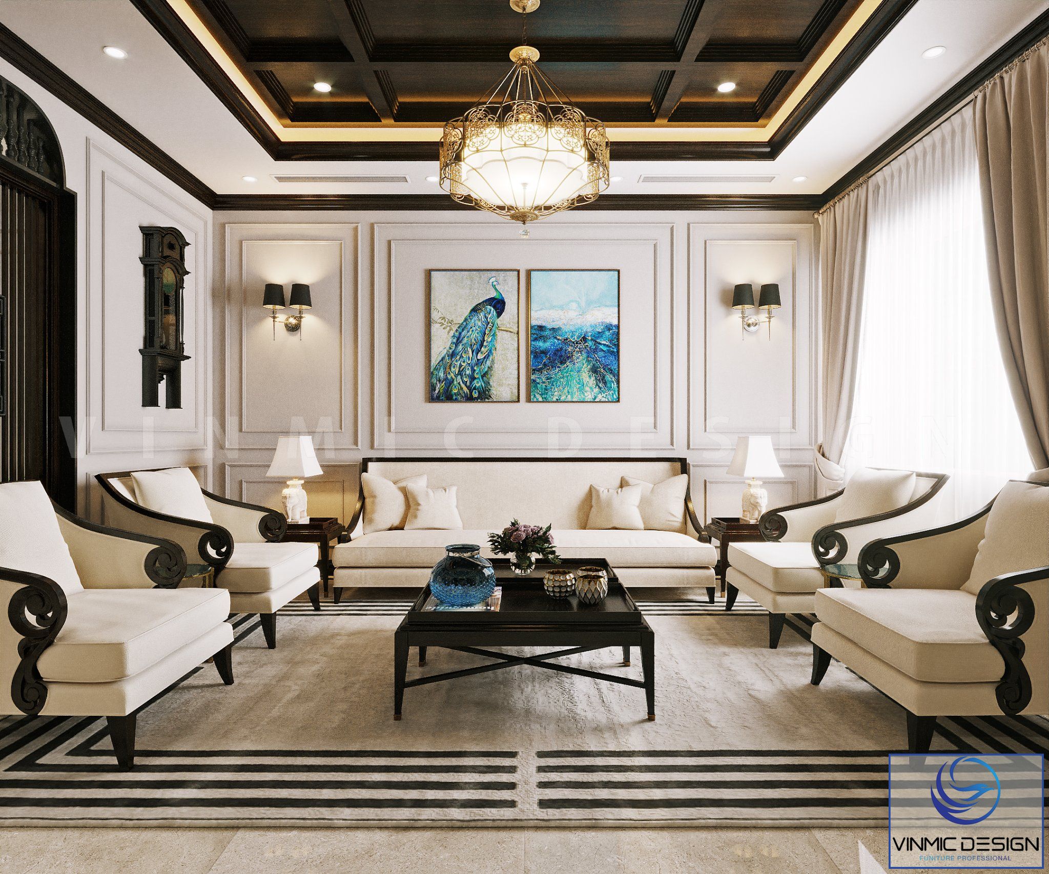 Thiết kế nội thất phòng khách biệt thự Hải Phòng phong cách indochine
