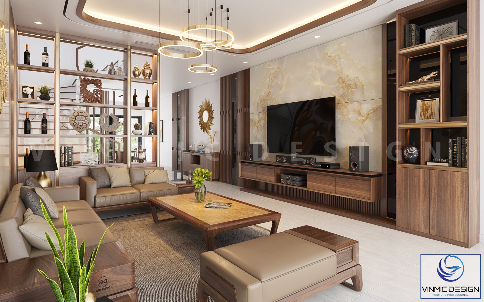 Không gian phòng khách nhà phố hiện đại năng động, được bày trí vật dụng ngăn nắp, giản đơn nhưng không kém phần tiện nghi.