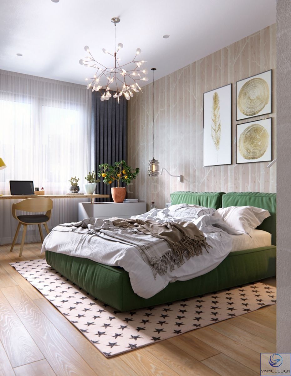 Giường ngủ bọc vải nỉ màu xanh lá đem tới sự tươi mới cho căn phòng 