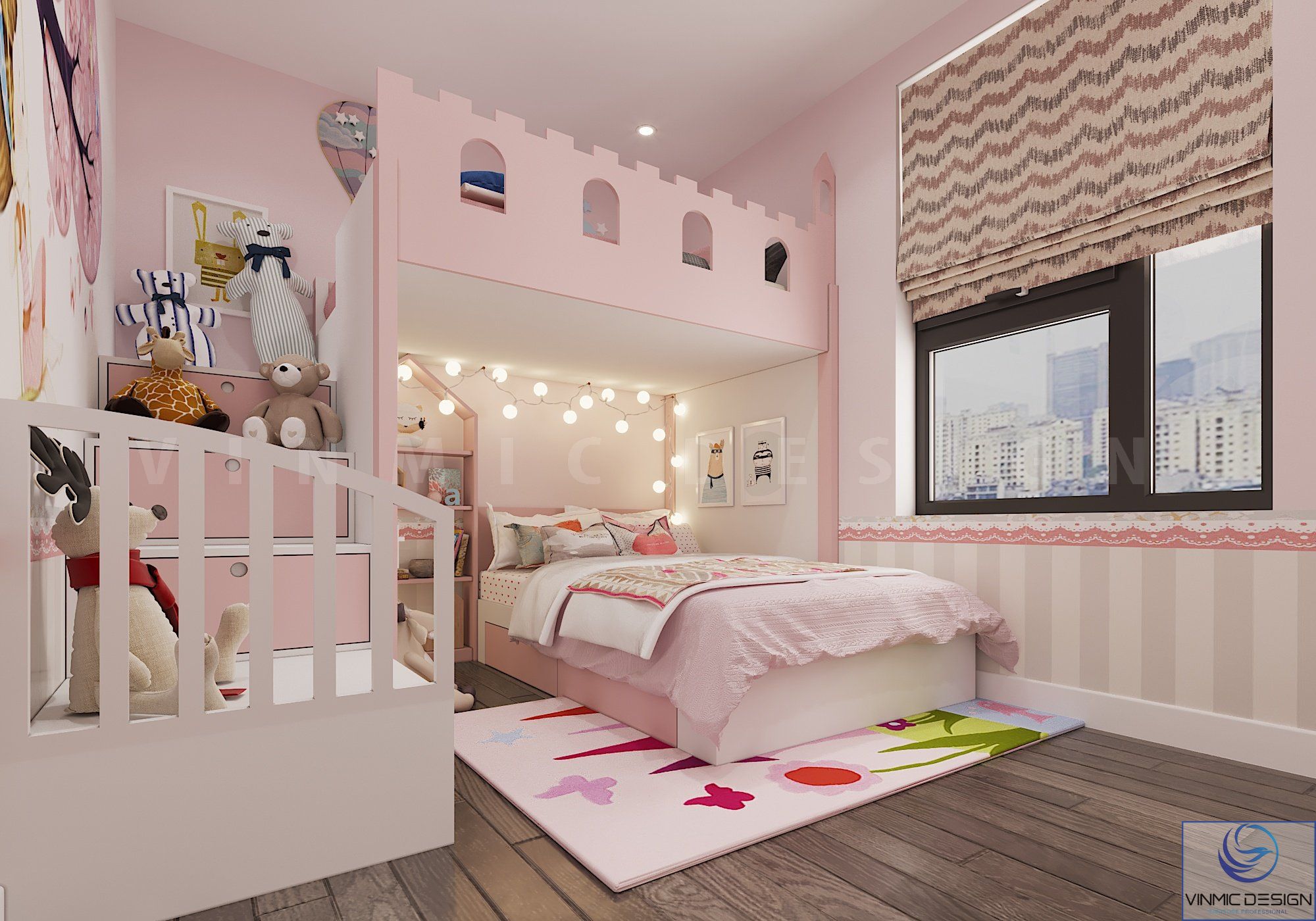 Không gian phòng ngủ với màu hồng đặc trưng cho bé gái 
