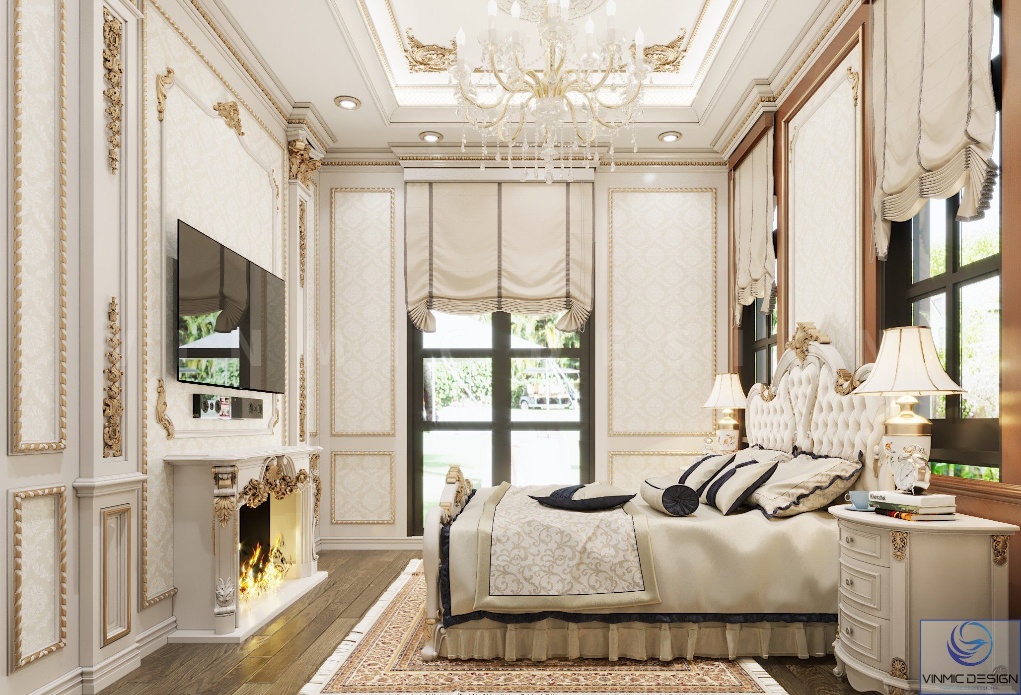 Thiết kế nội thất phòng ngủ với gam màu trắng kem nhẹ nhàng, tinh tế