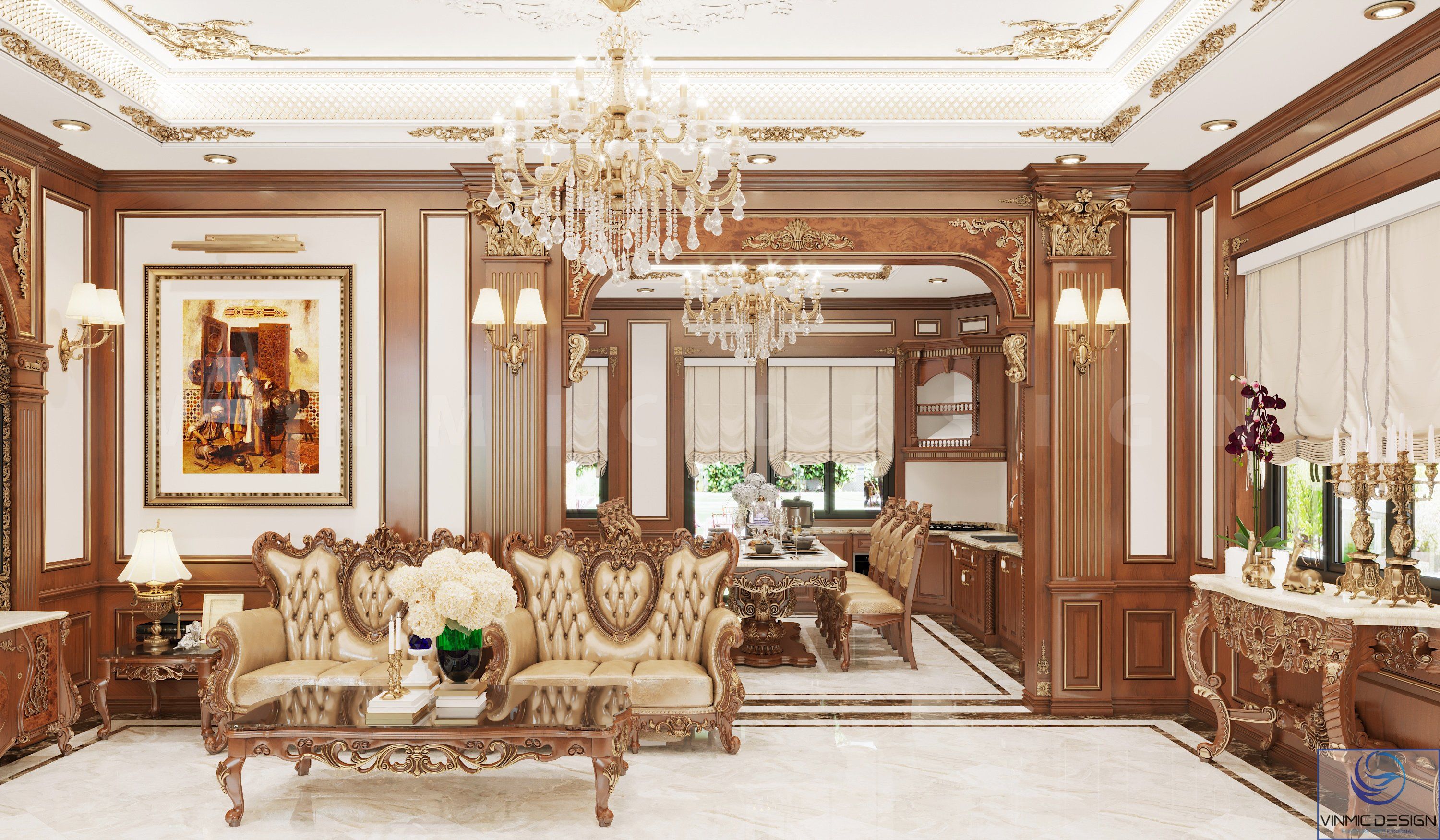 Thiết kế nội thất phòng khách phong cách cổ điển với bộ bàn ghế khách nổi bật 