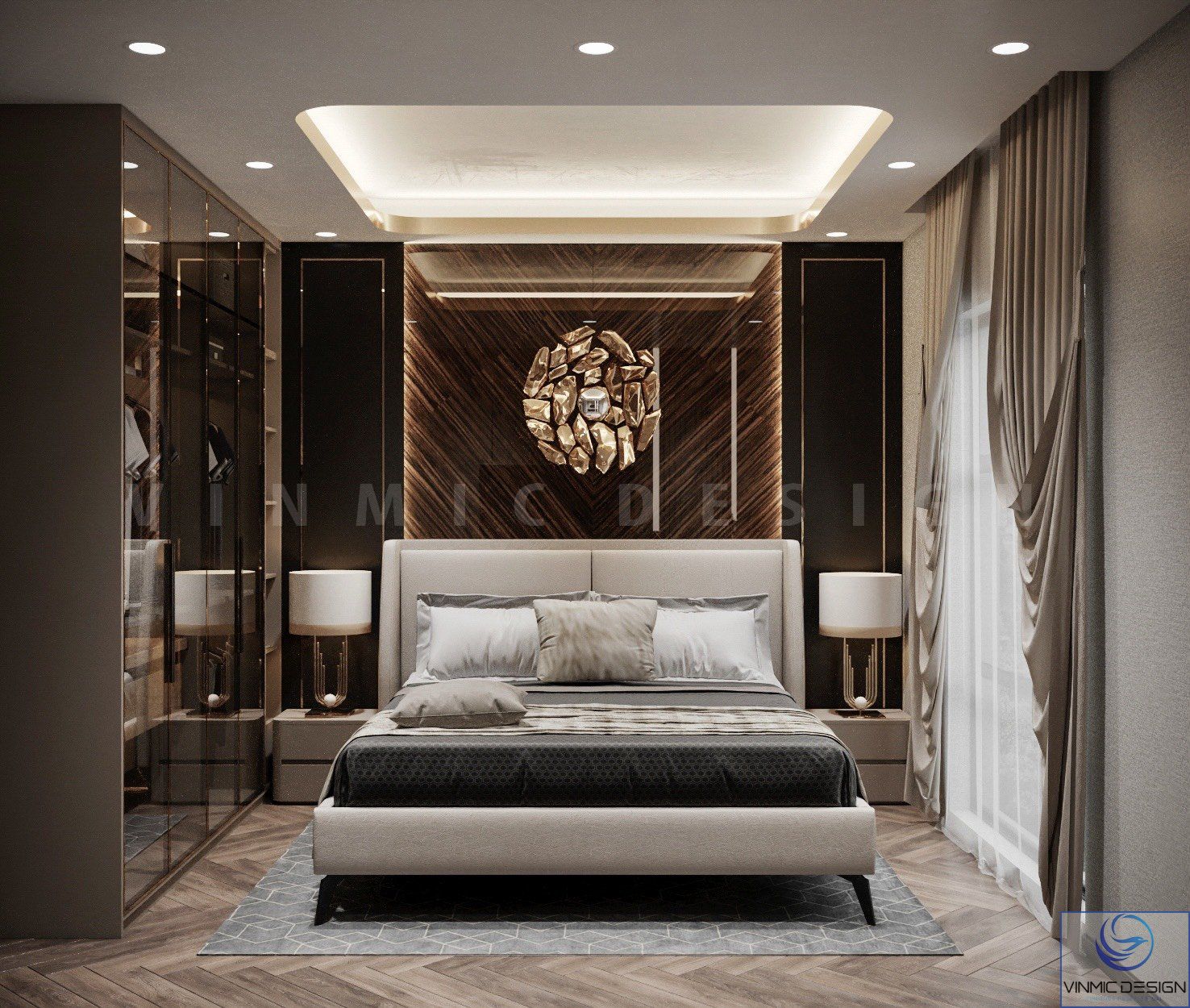 Phòng ngủ master với gam màu xám ghi cao cấp cùng nâu đen hiện đại 