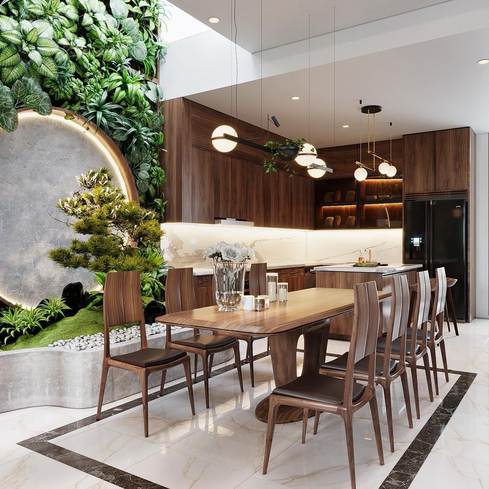 Bộ bàn ghế ăn dành cho 6 người bày biện đơn giản, hòa nhập với các chi tiết nội thất khác trong căn hộ