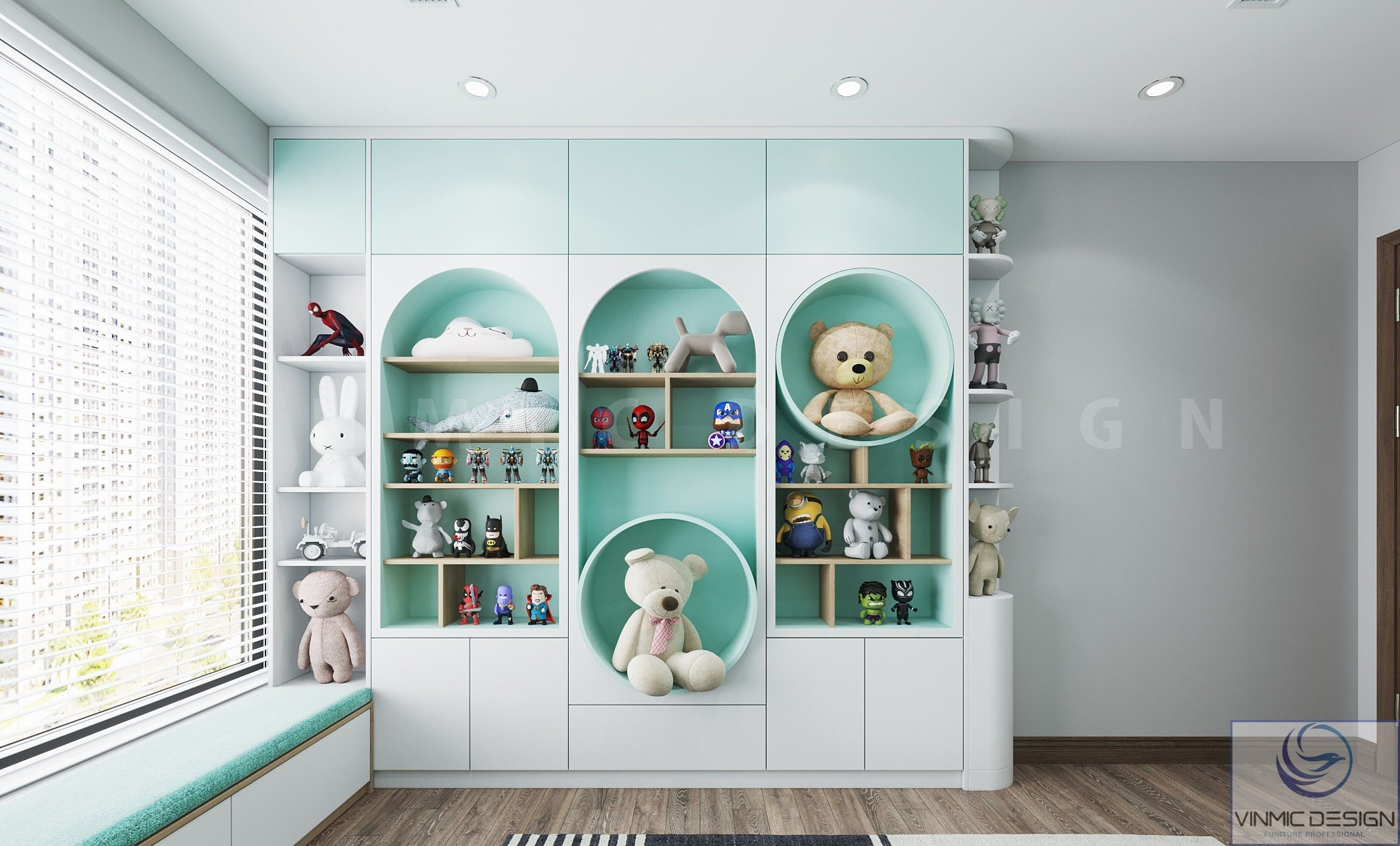 Tủ kết hợp gam màu xanh trắng nhẹ nhàng làm nơi trưng bày đồ chơi của bé 