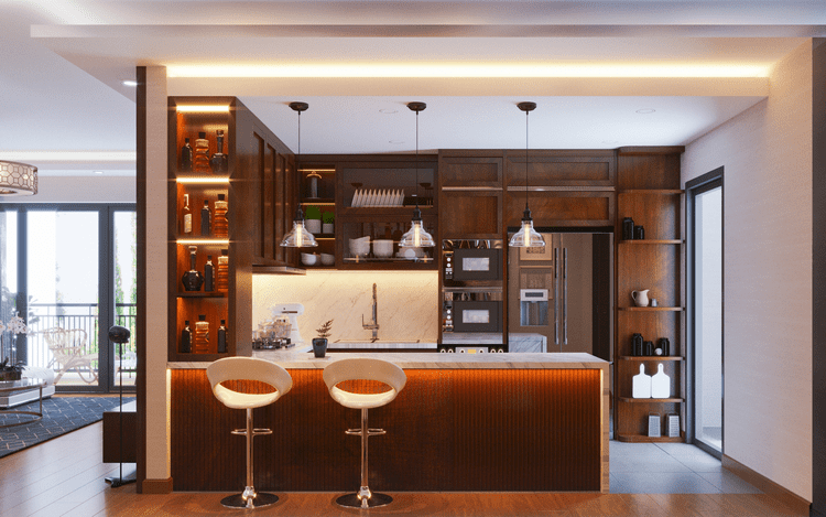 Thiết kế nội thất quầy rượu tích hợp tại không gian phòng bếp 
