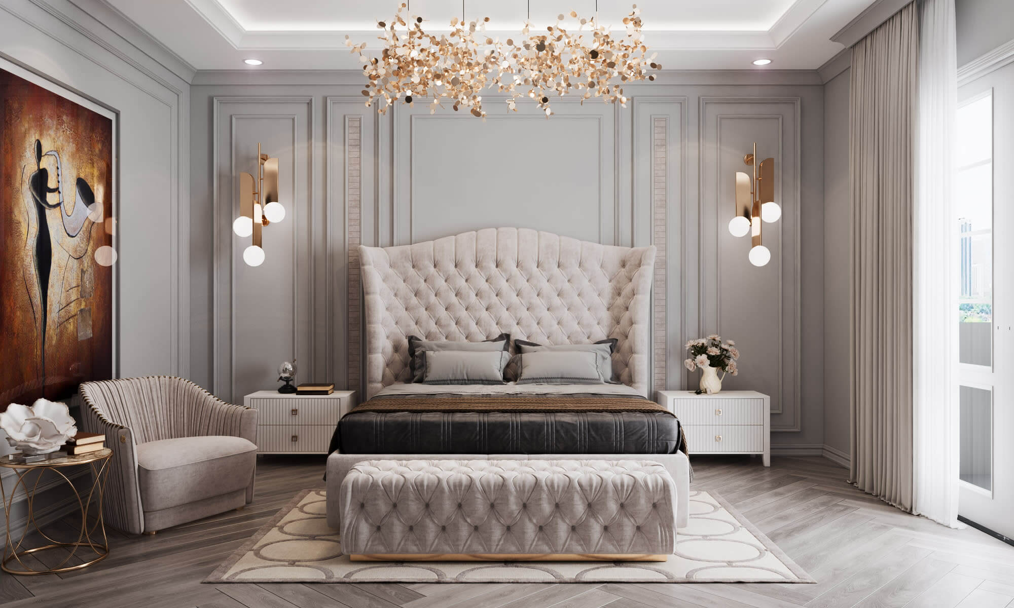 Các nội thất đều bằng chất liệu sofa với đường nét pha trộn hiện đại và cổ điển 