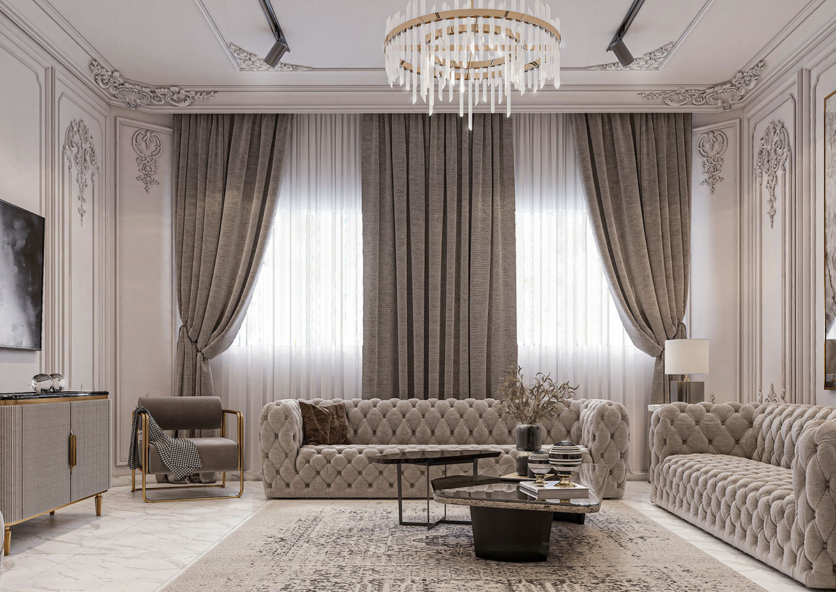 Thiết kế và thi công nội thất phòng khách đối xứng đậm chất cổ điển trên từng chi tiết 