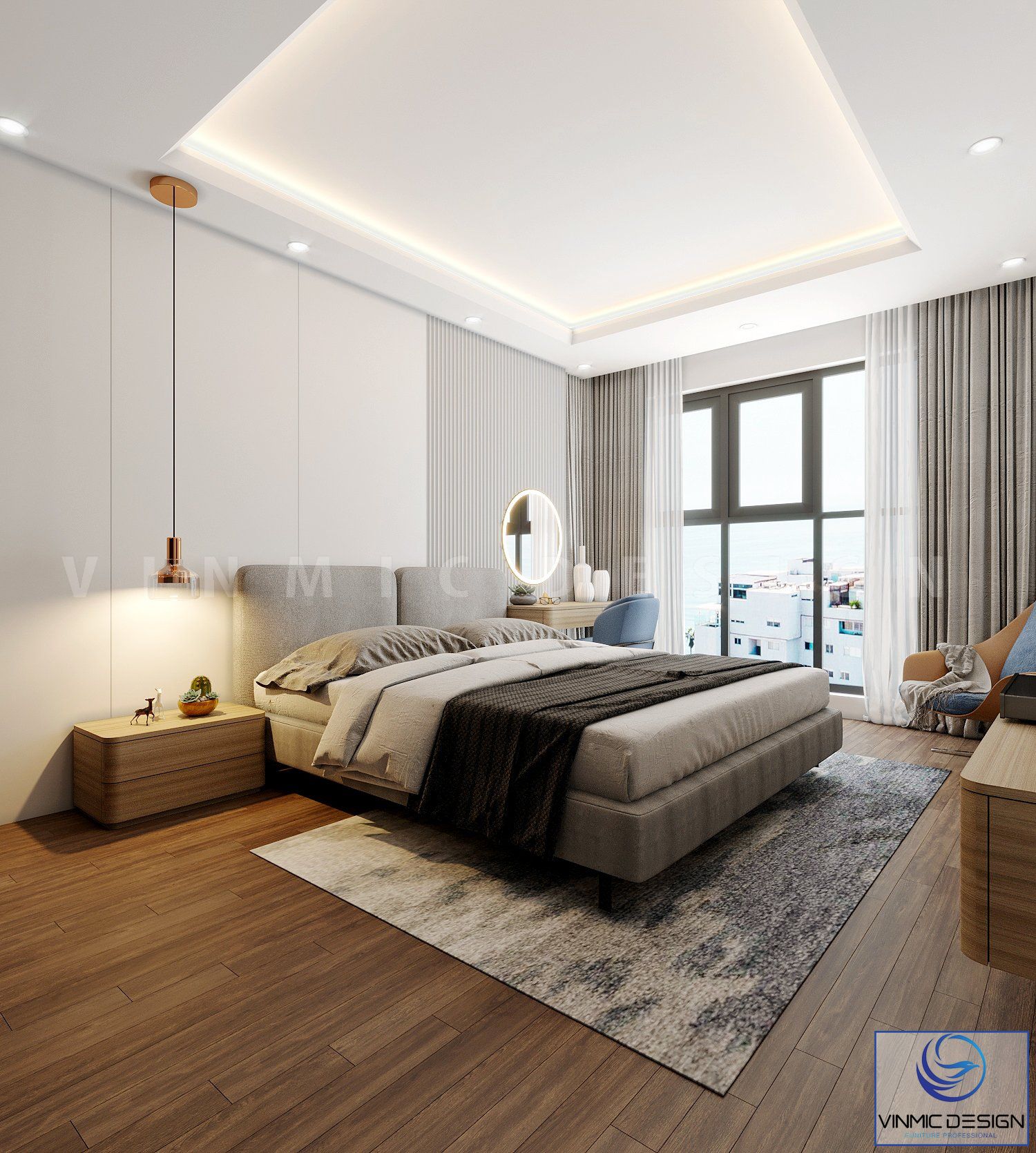 Không gian phòng ngủ master với sự kết hợp các gam màu nhã nhặn đặc trưng phong cách hiện đại 