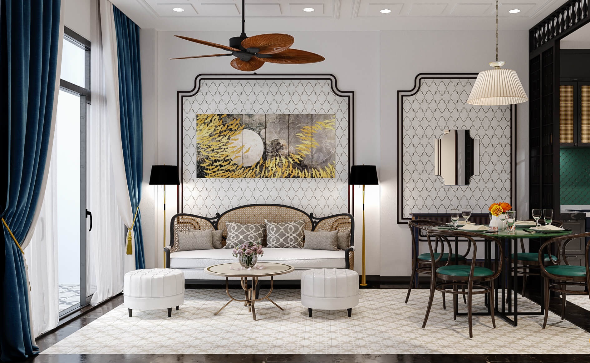 Bộ sofa phong cách Indochine ton sur ton với thảm trải sản họa tiết hoa văn tinh tế 