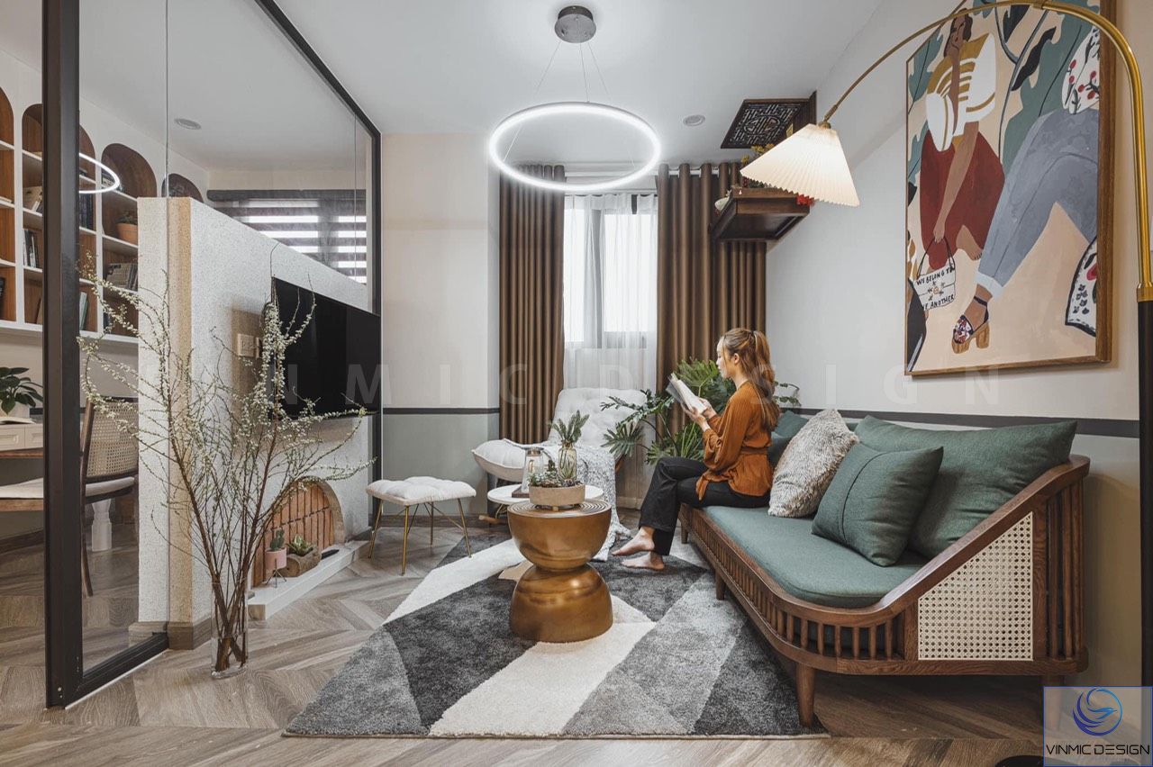 Trang trí nội thất phòng khách phong cách Scandinavian với tấm thảm hình khối 