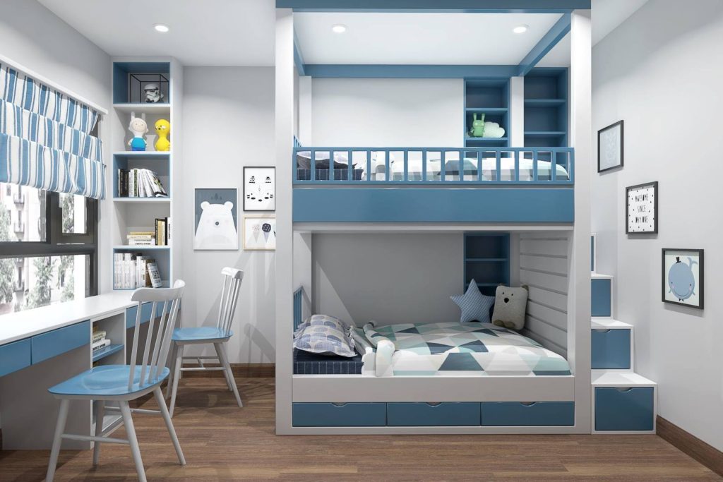 Thiết kế giường tầng màu xanh trắng bằng gỗ công nghiệp chắn chắn 