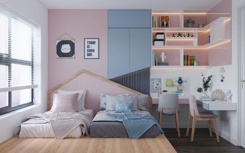 Thiết kế phòng ngủ đôi cho bé với 2 màu xanh hồng nền nã, tinh khôi 