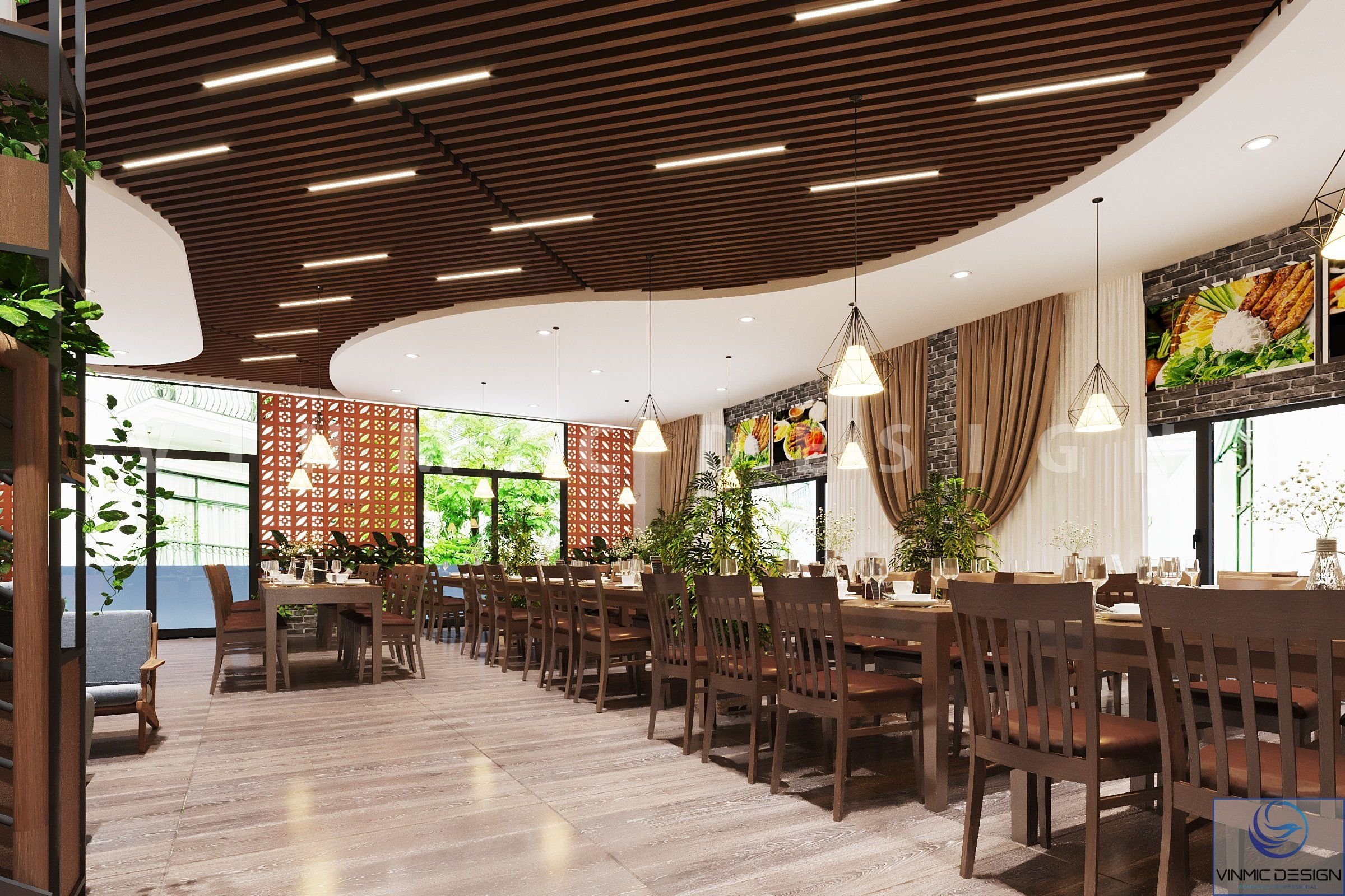 Trần ốp gỗ thanh hòa hợp với không gian nhà hàng mộc mạc 