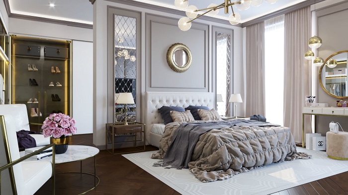 Giường ngủ phong cách cổ điển trong bối cảnh phòng hiện đại 