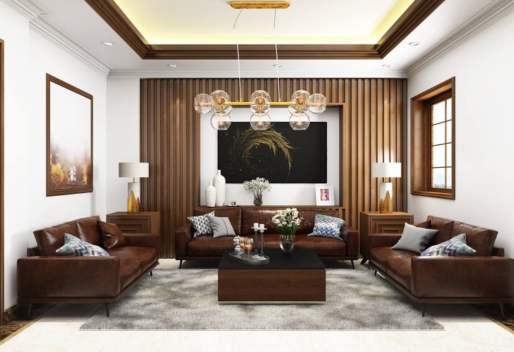 Bộ sofa bọc da màu nâu gỗ tôn lên nét sang trọng, đẳng cấp của căn nhà 