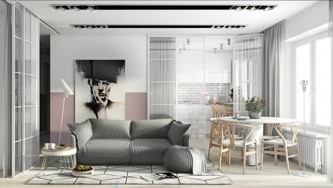 Nội thất Scandinavian với bộ sofa nỉ ghi ấm cúng, hiện đại cùng bàn ghế ăn đẹp