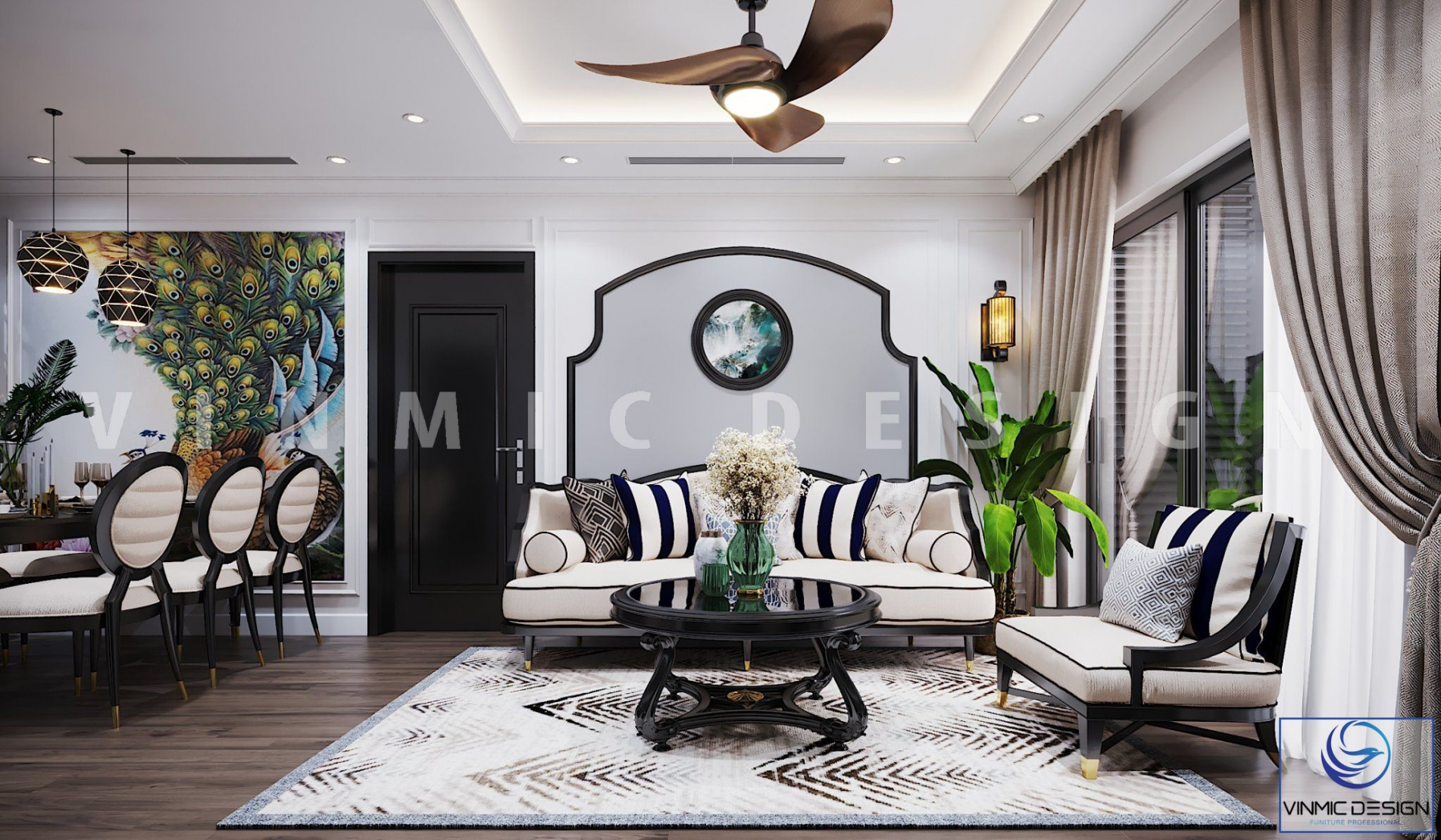Thiết kế nội thất phòng khách phong cách Indochine (Á Đông) tinh tế tại chung cư Vinhomes Metropolis