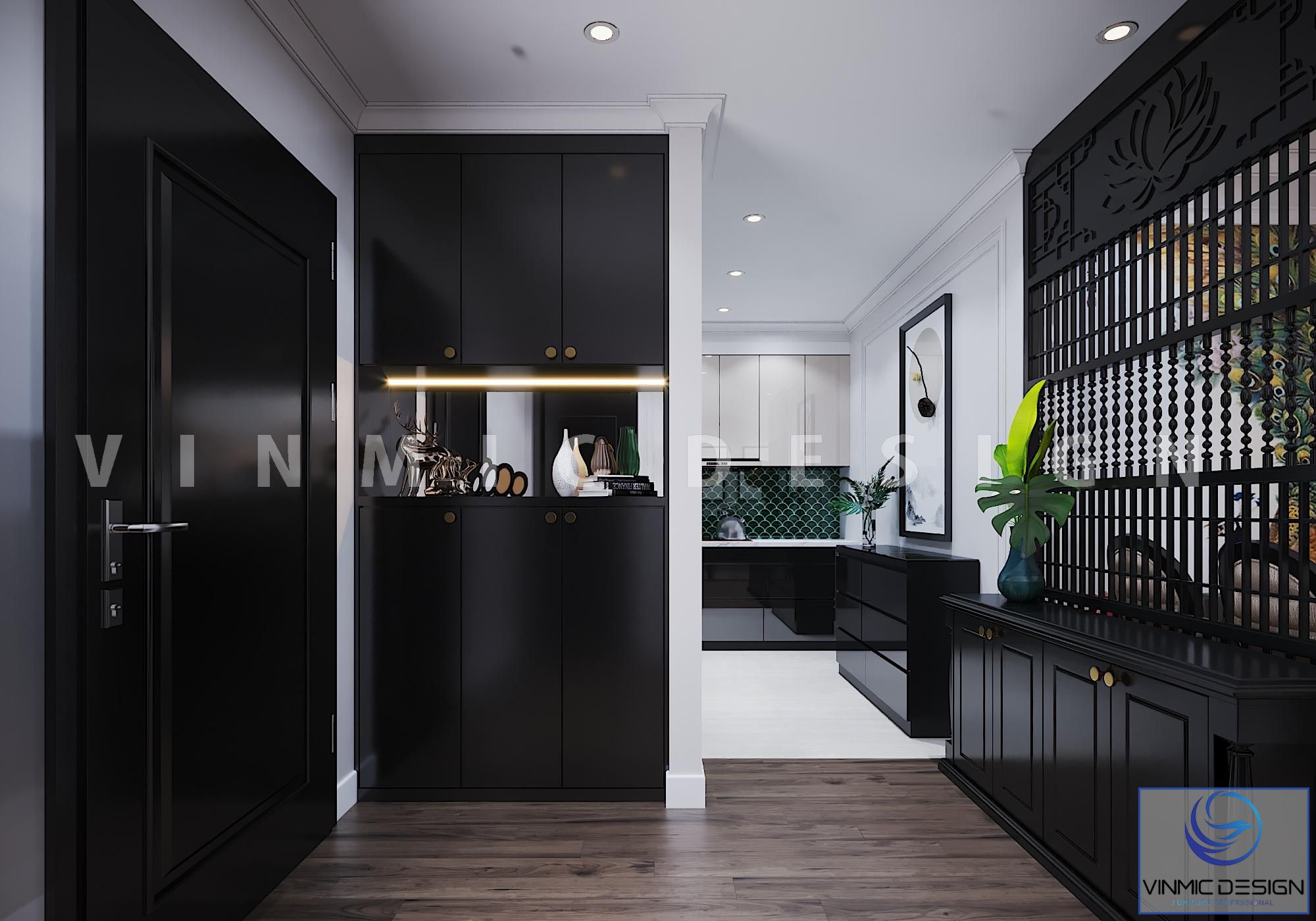 Thiết kế nội thất chung cư Vinhomes Metropolis phong cách Indochine (Á Đông) với tone màu đen 