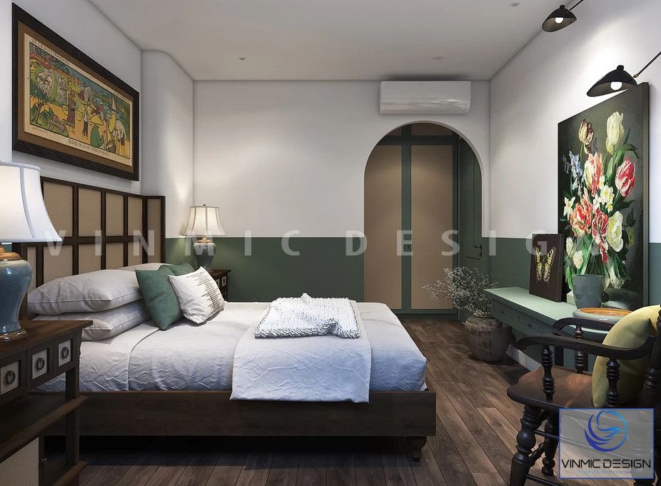 Thiết kế phòng ngủ phong cách Á Đông với tone màu xanh ấn tượng