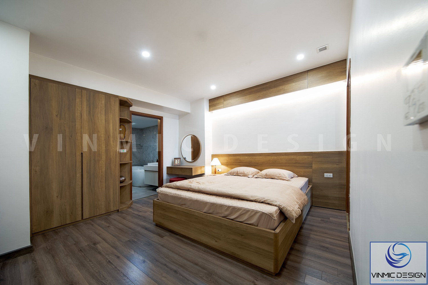 Thi công phòng ngủ với chất liệu gỗ đơn giản