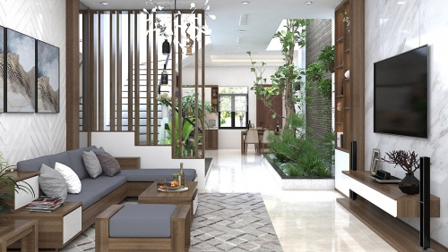 Thiết kế nội thất phòng khách nhà ống 5m có cầu thang hiện đại