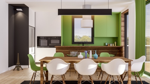 Thiết kế nội thất phòng bếp màu xanh lá phong thủy bắt mắt